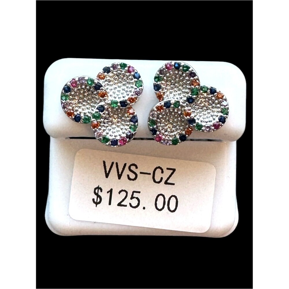 Multi Color VVS CZ Pavé Cluster Stud Earrings NWT Rainbow Stainless Steel